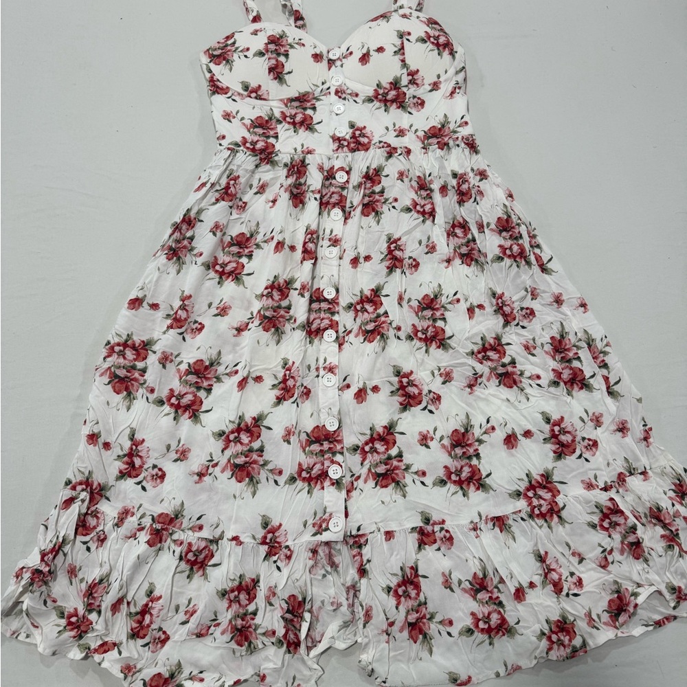 White Floral Midi Dress with Red Rose Print